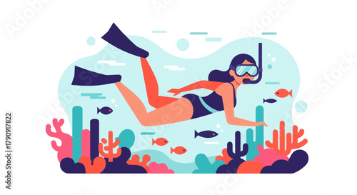 Woman Snorkeling Underwater In Vivid Illustration Depicting Marine Life Exploration