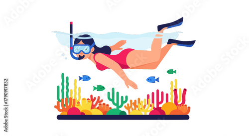Woman Snorkeling Underwater Among Colorful Coral Reefs and Tropical Fish