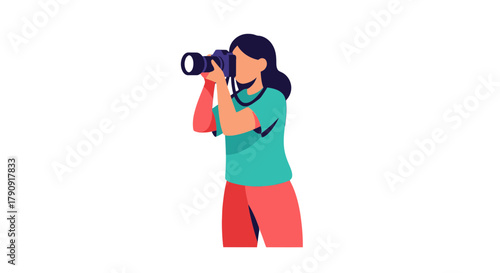 Woman Photographer Taking a Photo, Capturing Moments, Vector Illustration, Black Background
