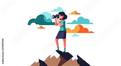 Woman Photographer On Summit Observing Scenic View Surrounded By Clouds And Mountains