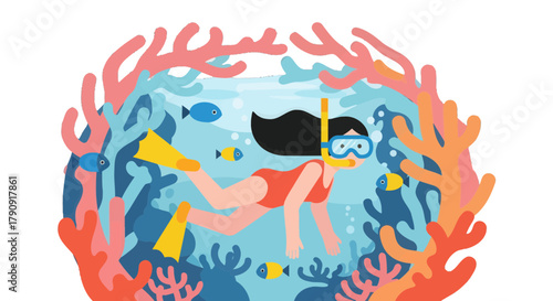 Woman Snorkelling Amidst Vibrant Coral Reefs, Enjoying Underwater Aquatic Adventure