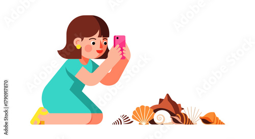 Woman Photographing Seashells With Her Mobile Phone, Isolated On Black Background