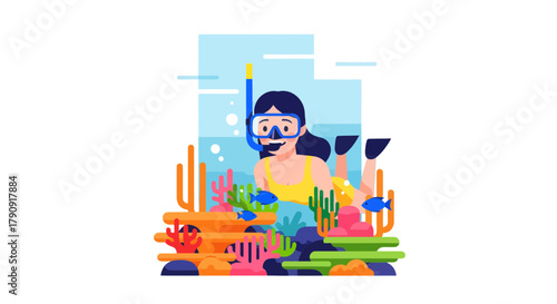 Woman Snorkelling Amidst Vibrant Underwater Coral Reef Ecosystems Exploration