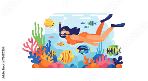 Woman Snorkelling Amidst Vibrant Oceanic Reef And Varied Fish Species