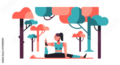 Woman Practicing Yoga Outdoors Amidst Stylized Trees In Vibrant Illustrated Scene