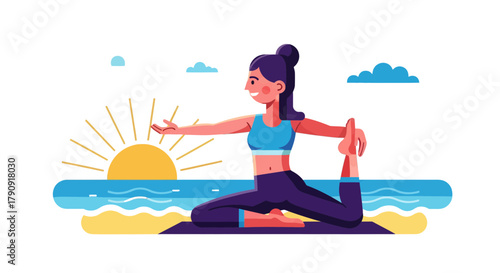 Woman Practicing Yoga Outdoors during Sunset in Vibrant Illustrated Illustration
