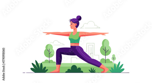 Woman Practicing Yoga Outdoors in Modern Flat Illustration Design Style