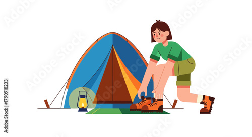 Woman Preparing For Adventure Beside Camping Tent In The Black Background