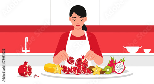 Woman Preparing Exotic Fruits in Kitchen with Pomegranate and Dragon Fruit Slices.