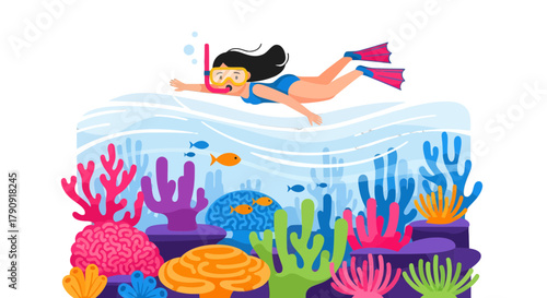 Woman Swimming Through Underwater Reef Exploring Marine Life And Colorful Coral Reefs