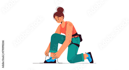 Woman Preparing For Climbing, Tying Shoes And Getting Ready For Adventure Outdoors