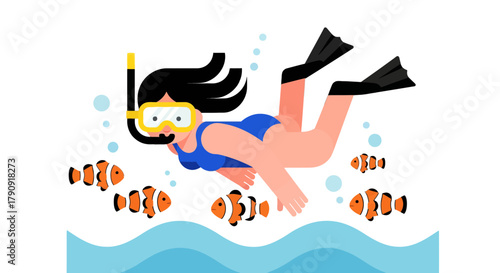 Woman Swimming Underwater With Clownfish And Bubbles In A Colorful Sea