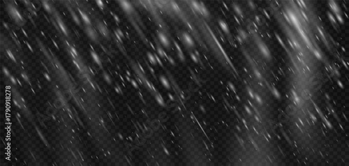 Snowstorm snow effect blizzard background with white transparent falling snowflake png overlay. Winter frozen texture for ice cold sky storm or wind. Isolated flake frost sparkle realistic pattern