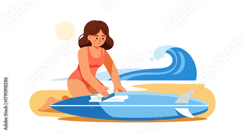 Woman Prepares Surfboard On Beach Near Large Wave For Surfing Excitement And Fun