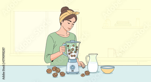 Woman Prepares Fresh Nut Milk With a Blender In A Kitchen Setting And Healthy Lifestyle