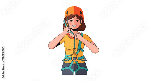 Woman Preparing For Climbing Wearing Helmet And Harness On Black Background