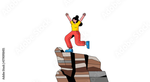 Woman Reaching Summit Depicted Standing Victorious, Overcoming The Adversity