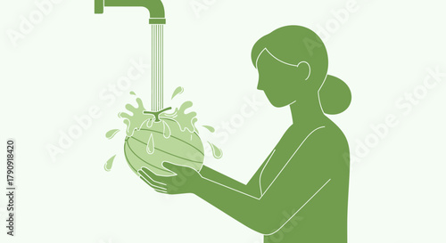 Woman Washing Fresh Watermelon Under Flowing Stream in Summertime for Healthy Diet