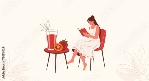 Woman Reading a Book Beside Healthy Drink and Tomatoes on a Red Side Table