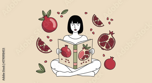 Woman Reading About Pomegranates In Illustrated Style With Minimalist Design