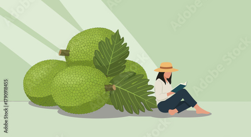 Woman Reading a Book Beside Jackfruits: Peace and Recreation Combined in Green