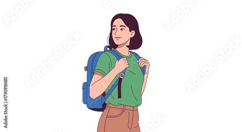 Woman With Backpack, Ready For Adventure, Illustration Against A Black Background