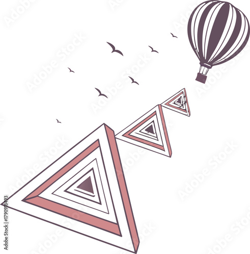 Soaring hot air balloon and abstract geometric triangles with birds flying above, symbolizing aspiration and forward momentum in a modern, minimalist style