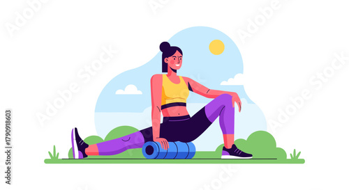 Woman Relaxes After Exercise Outdoors With A Foam Roller Against A Scenic Natural Backdrop
