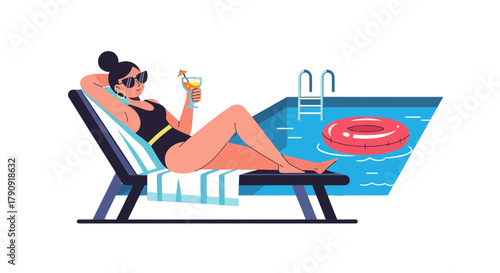 Woman Relaxing By The Pool Enjoying A Drink, Embracing Sunny Vacation Lifestyle