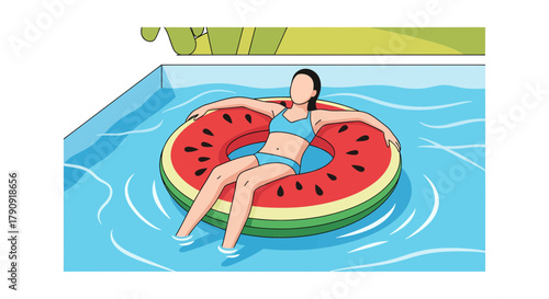 Woman Relaxing In A Watermelon Ring Floats In The Swimming Pool During The Summer