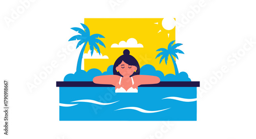 Woman Relaxing In A Tropical Pool Under the Sun, Illustrated, Simple Vectors