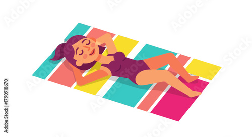 Woman Relaxing On A Colourful Beach Towel Enjoying The Sunny Day Illustration