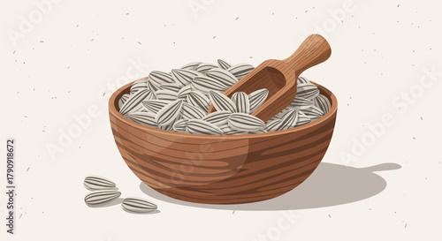 Wooden Bowl brimming with Sunflower Seeds and a Scoop, A Wholesome Nutritious Delicacy