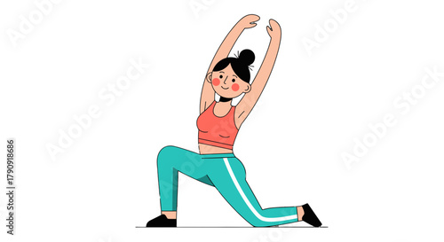 Yoga Illustration Depicting a Woman Stretching in a Lunge Pose Against Black Backdrop