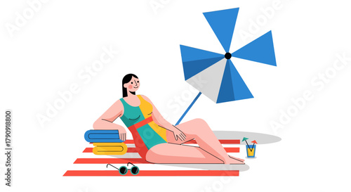 Woman Relaxing On The Beach Beneath An Umbrella During A Summer Vacation Day
