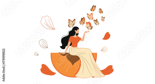 Woman Releasing Butterflies, Depicting Serenity and Freedom with Aesthetic Graphic Design