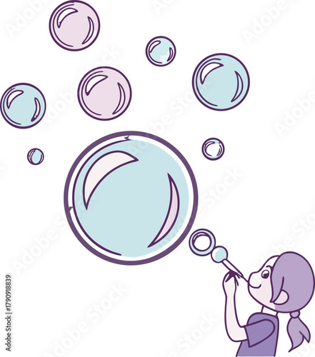 Joyful child blowing iridescent bubbles into a whimsical sky, capturing pure childhood delight and carefree moments.