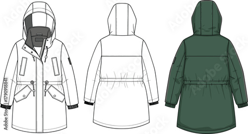 Long Line Hooded Parka Jacket Technical Flat Fashion Drawing Template