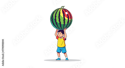 Young Boy Balancing Huge Watermelon Vector Illustration Against a Pure White Backdrop