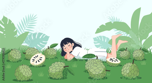 Woman Resting Amidst Custard Apples in Shady Garden, Peaceful Illustration