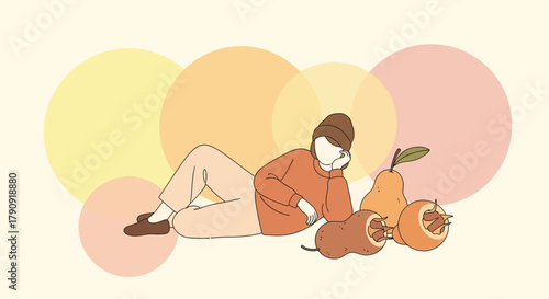 Woman Resting Beside Fruits Against Abstract Background In Peaceful Harmony