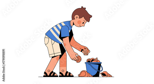 Young Boy Collecting Shells On The Shoreline, Summer Adventure, Coastal Memories
