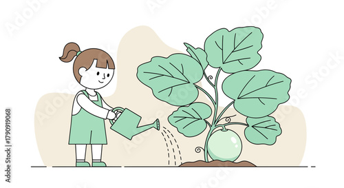 Young Girl Nurturing Plant: A Charming Illustration of Growth and Cultivation