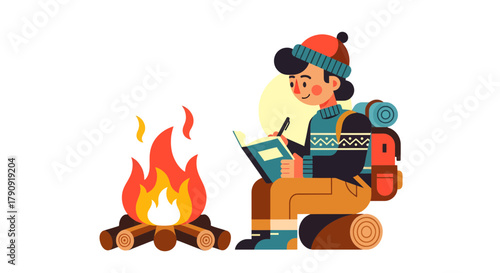 Young Traveler Enjoying Warmth While Writing a Journal Near a Cozy Campfire