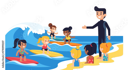 Young Surfers Enjoying Lessons With Their Instructor on a Sunny Beach Day