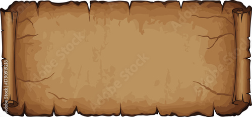 Animated magical scroll, glowing aged parchment, fantasy document design, mystical paper illustration, ancient background element, enchanted vector art, tattered edges