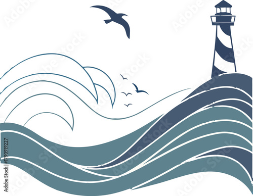 Stylized lighthouse guides ships through dynamic ocean waves with soaring seagulls creating a sense of maritime adventure and coastal serenity
