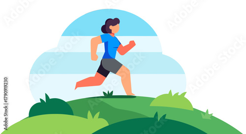 Woman Running Outdoors In Nature: Cartoon Illustration Representing Active Lifestyle