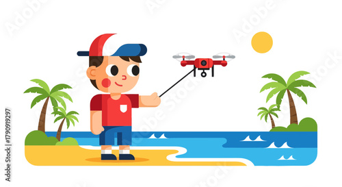 Youngster Flies Drone On Tropical Beach With Palm Trees And Sunshine In The Evening
