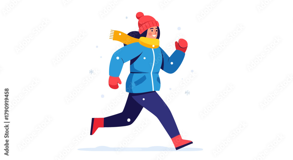 Obraz premium Woman Runs Energetically Through Falling Snow Wearing Winter Clothes with a Black Background